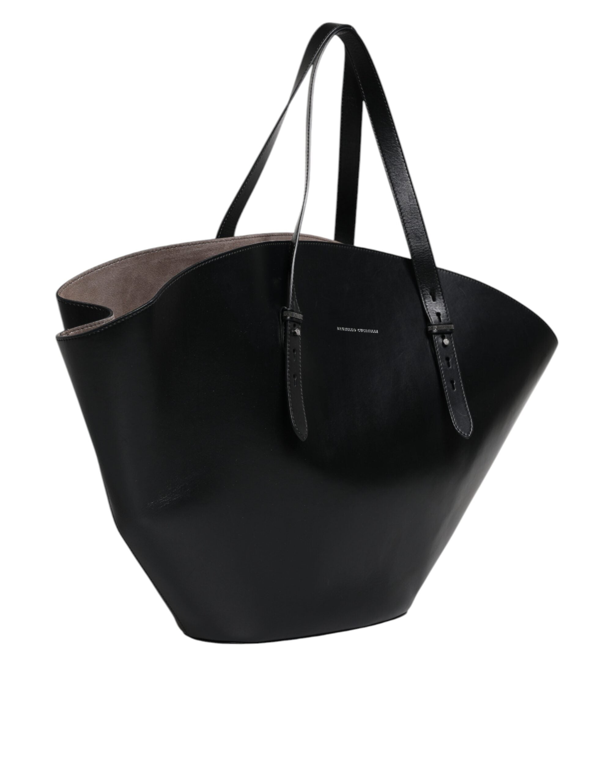 Brunello Cucinelli Schwarze Leder-Logo-Schulterriemen-Einkaufstasche